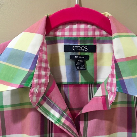 Chaps women M Shirt Top No Iron Long Sleeve Plaid Pink Western Nautical Coastal - Picture 5 of 6